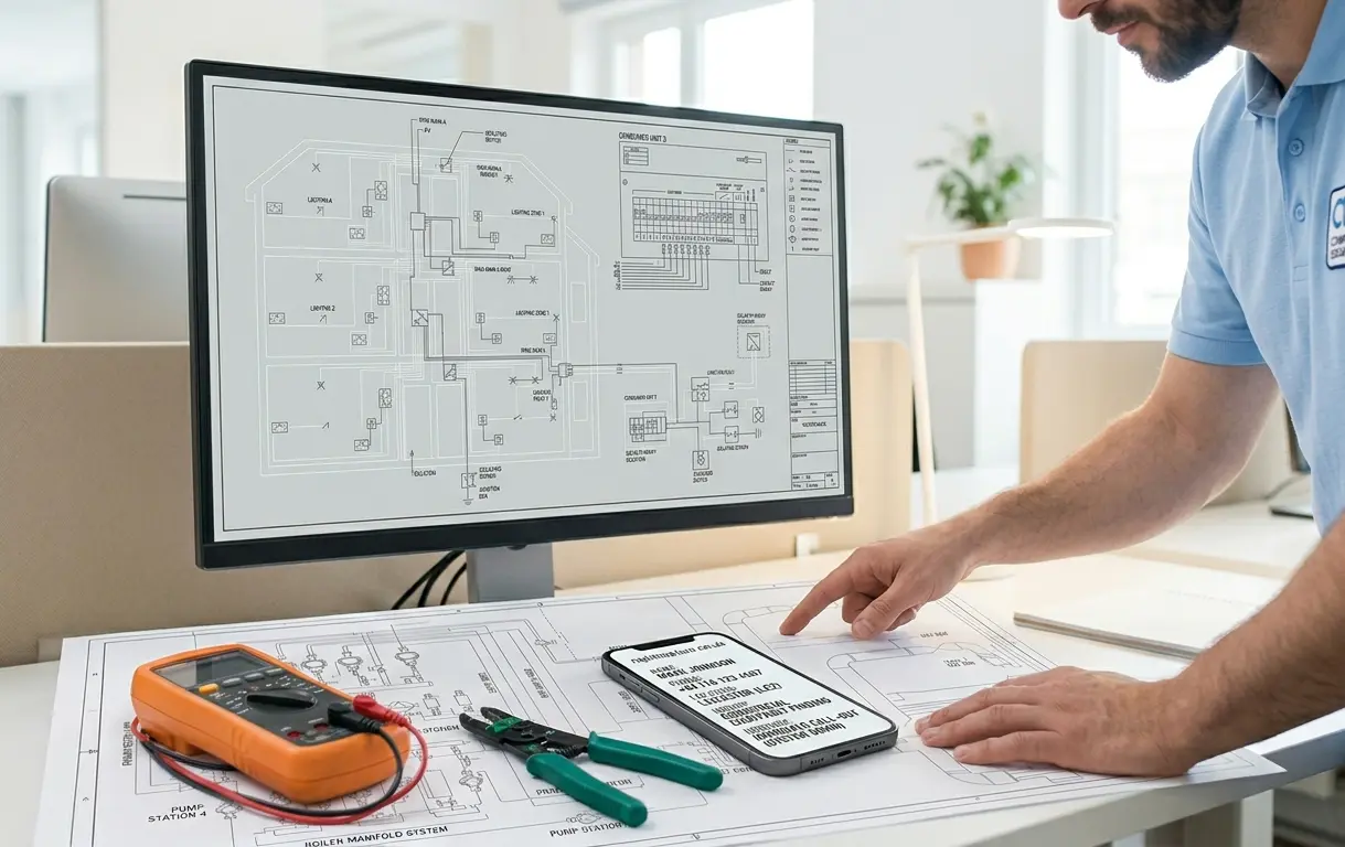 A modern electrical engineering workstation with schematics on the monitor, technical tools on the desk, and a smartphone displaying clear, structured lead capture data for a commercial electrical inquiry.