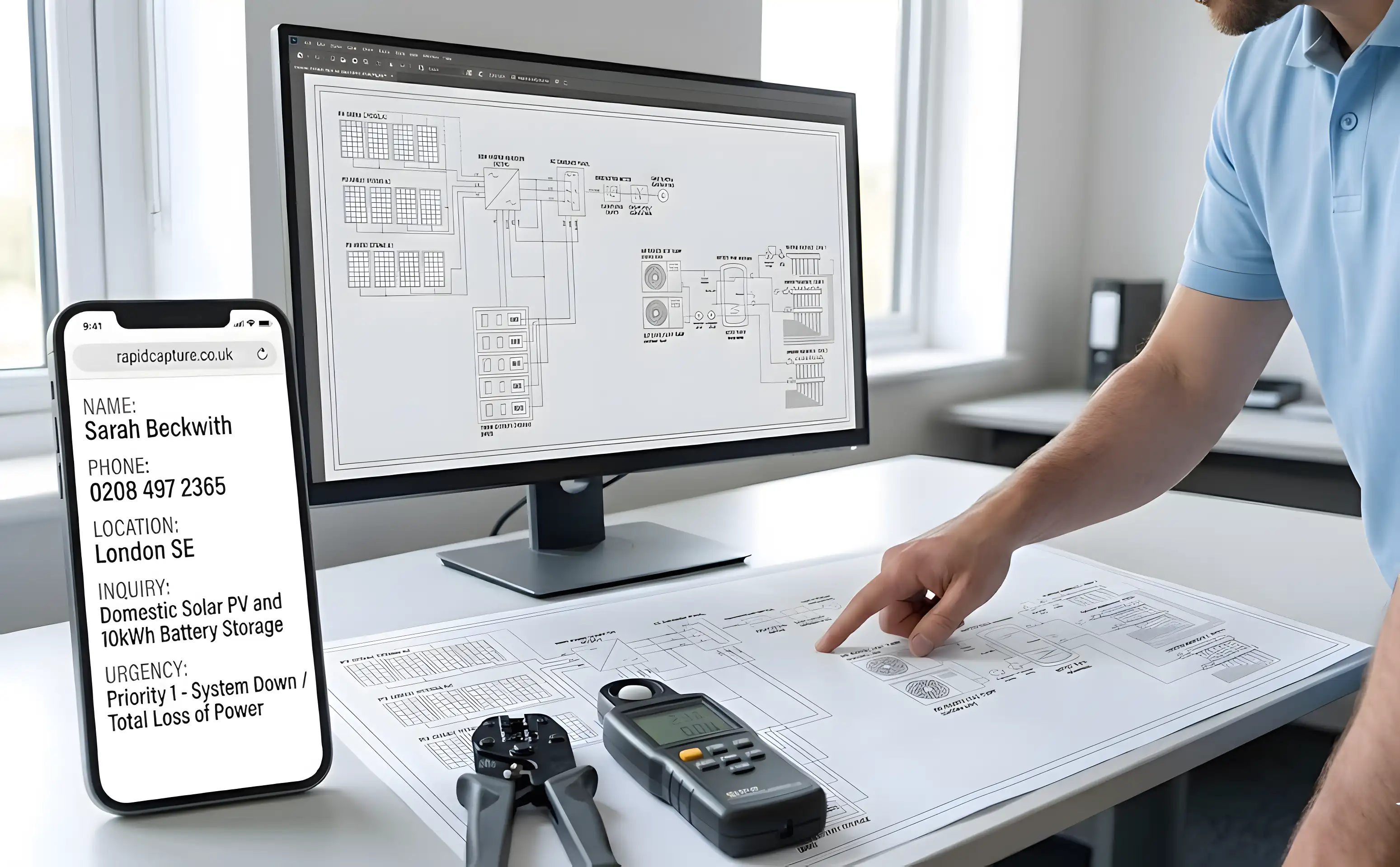 A professional renewable energy engineering workstation with a hybrid solar inverter design on the monitor, specialized tools on the desk, and a smartphone screen displaying captured data for an urgent solar and battery storage inquiry.