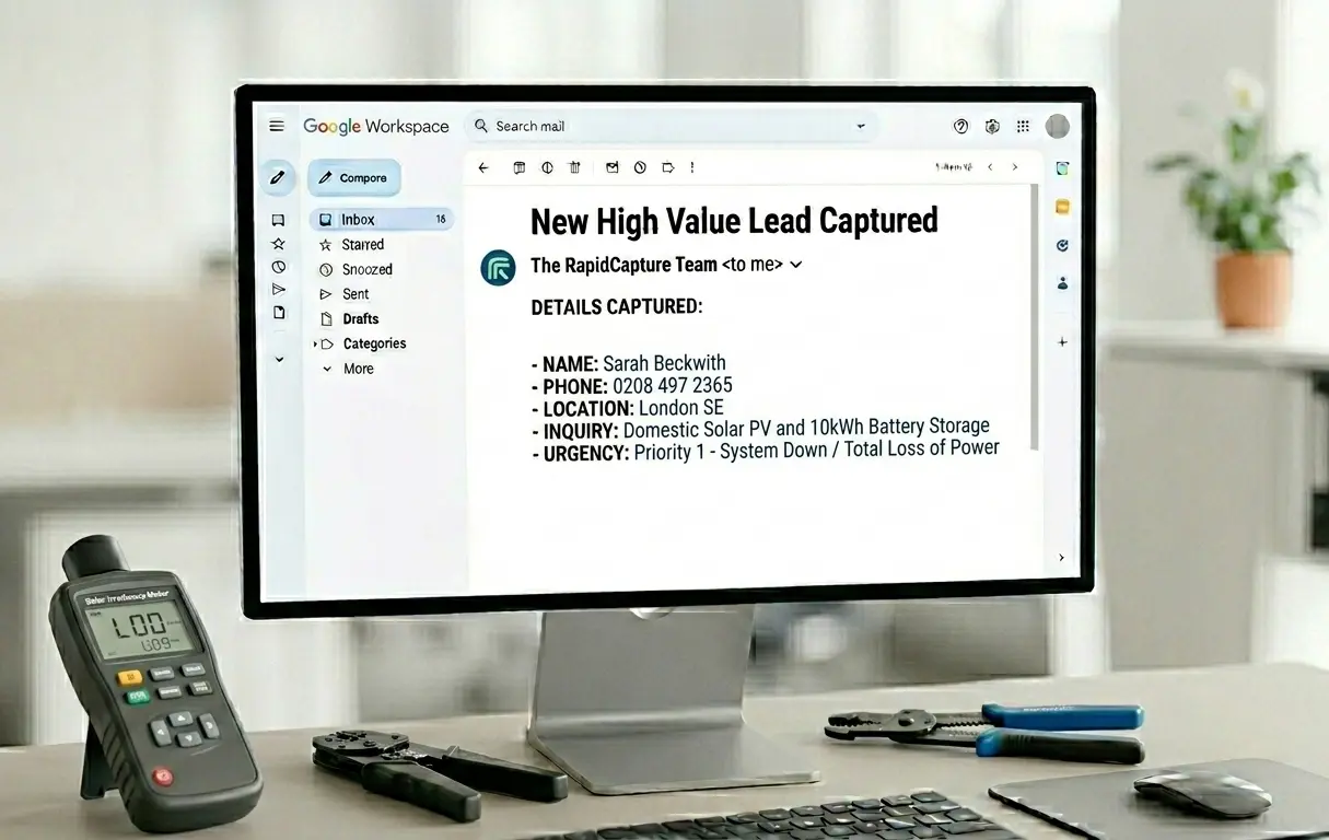 A clean Gmail inbox interface displaying a structured lead capture email from RapidCapture for a high-priority solar inquiry.